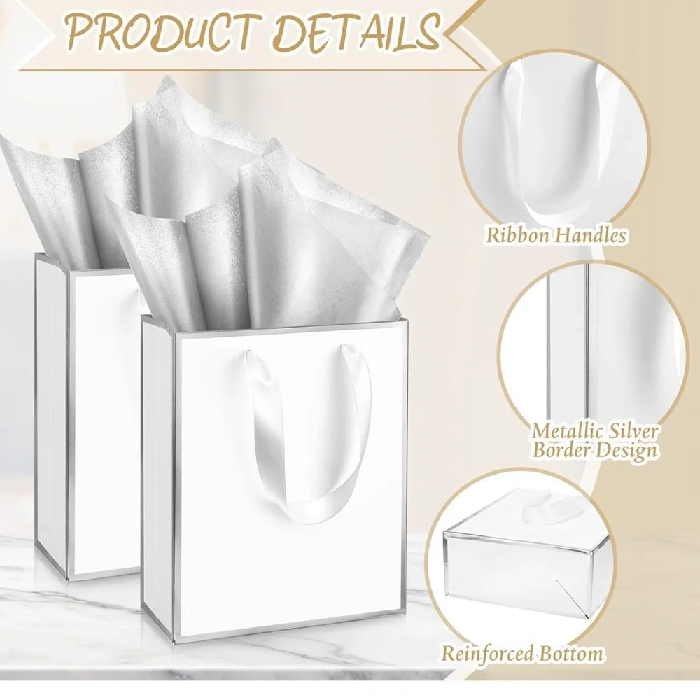 5 Pack Metallic Paper Gift Bags with Handle and Tissue 9 x 7 x 3.1